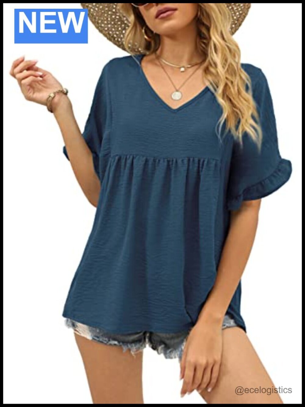 V Neck Ruffle Sleeve Babydoll Peplum Tops Short Sleeve Flowy Blouses